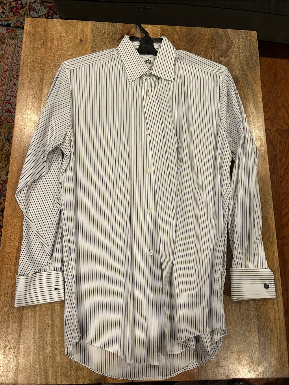 Hermes White Dress Shirt with Blue Pinstripes